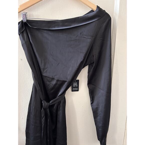 NWT Express Satin Black Tie Waist One Shoulder Mini Cocktail Dress | S - Picture 3 of 5
